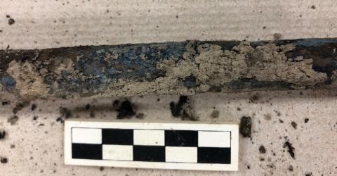 Portion of a bone long with dirt and dark blue streeks